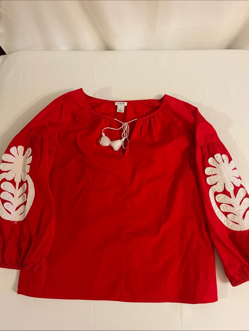 J. Crew Red Peasant Blouse with White Embroidered Sleeves
